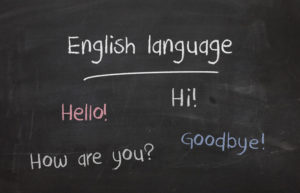 Chalkboard with english language and various ways ot say hello written