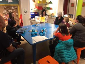 teacher showing students robots and books