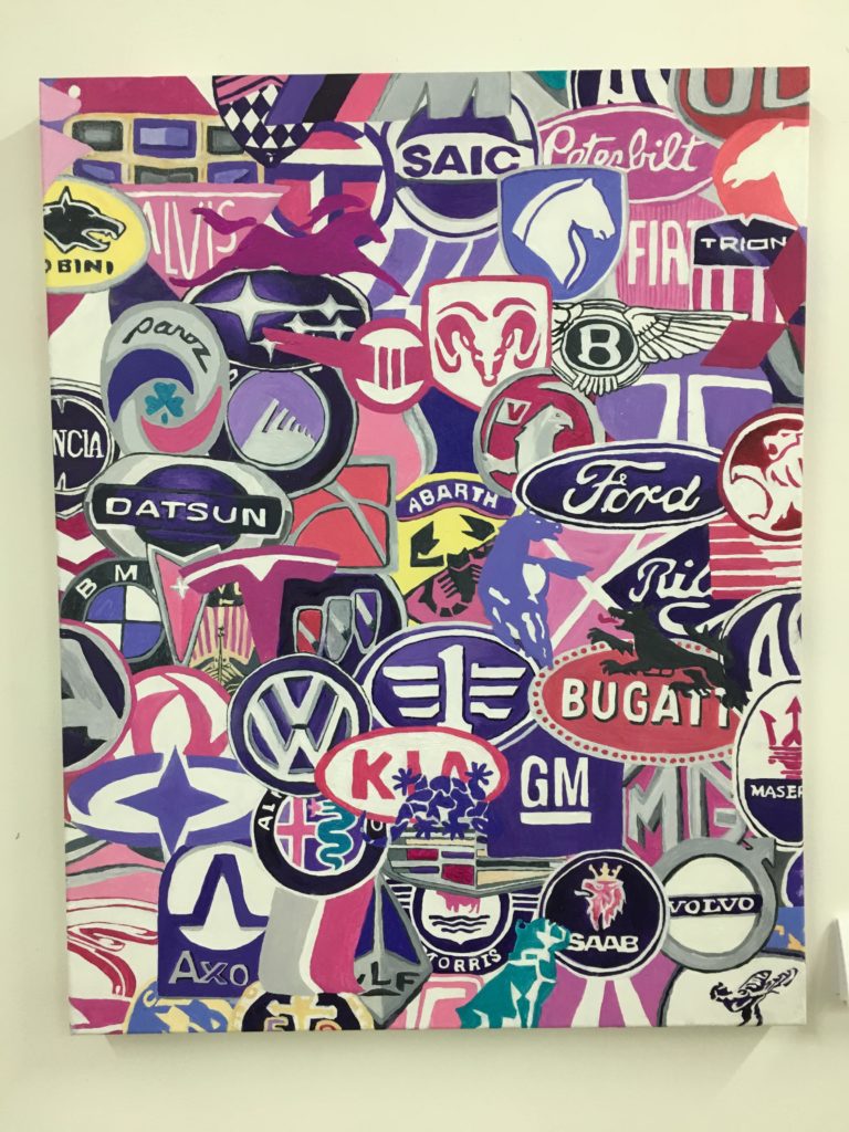 Sarah's artwork with car manufacturer labels