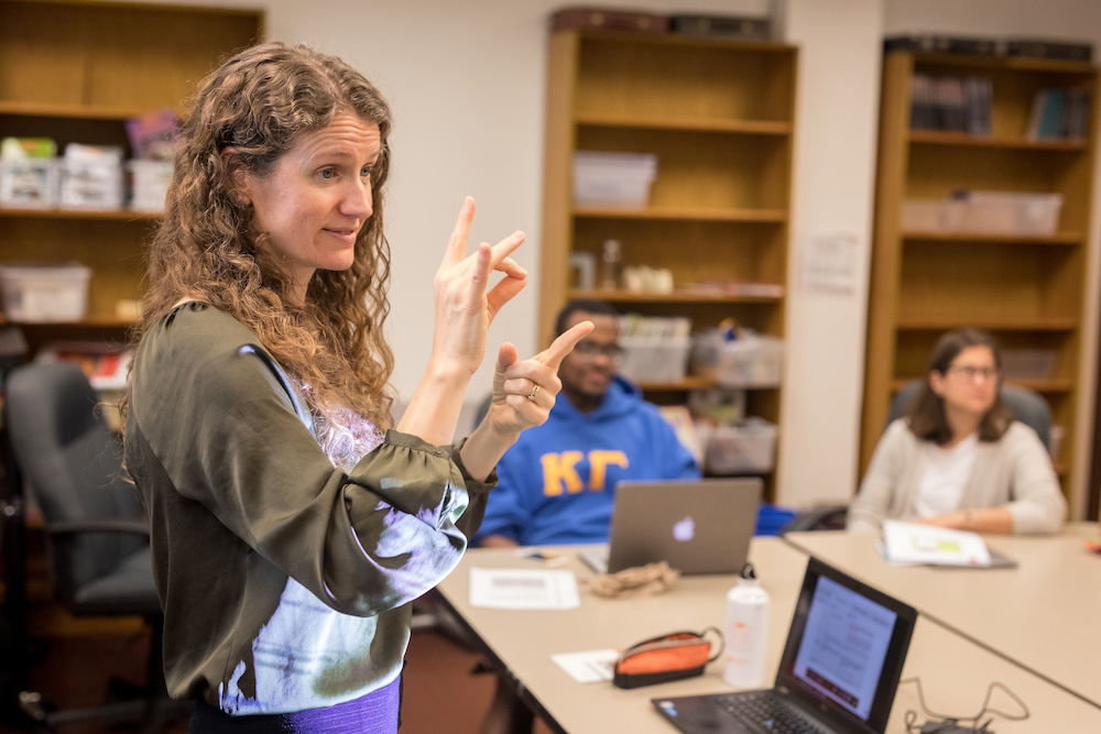 Photos of the deaf focus team teaching inside the Bailey Education Complex for the Theory and Practice in Teacher Education department. Photo by Steven Bridges.