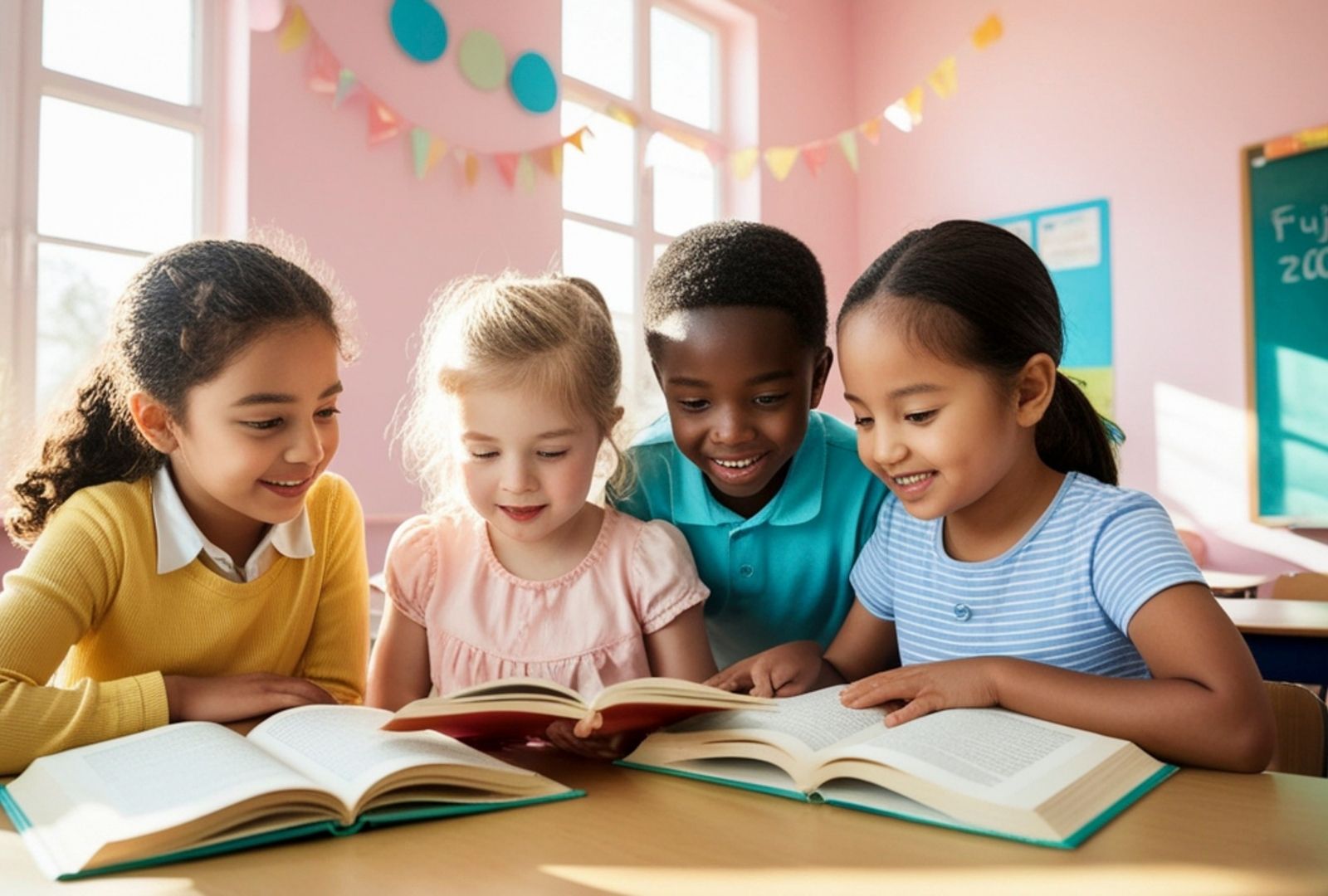 Students reading books in a classroom
