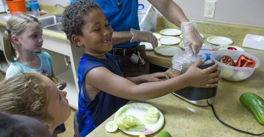 Child chopping food in a food processor