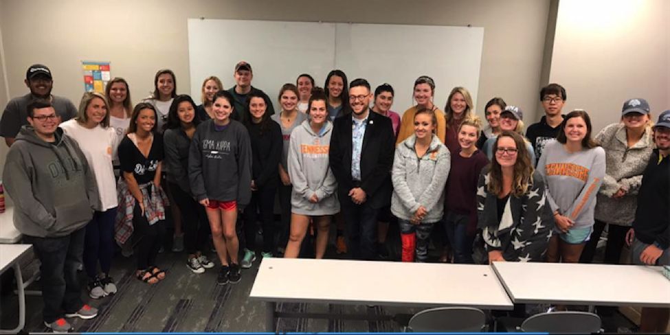 Photo of tourism class with guest speaker, Josh Loebner