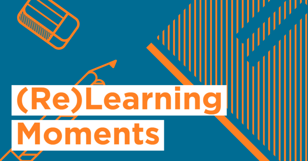 Orange graphics of a notebook, eraser, and pencil on a flat dark blue background. In the bottom left corner, orange text in white boxes read "(Re)Learning Moments."