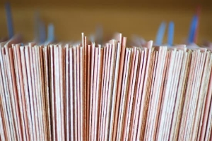 A shelf of orange booklets/documents.