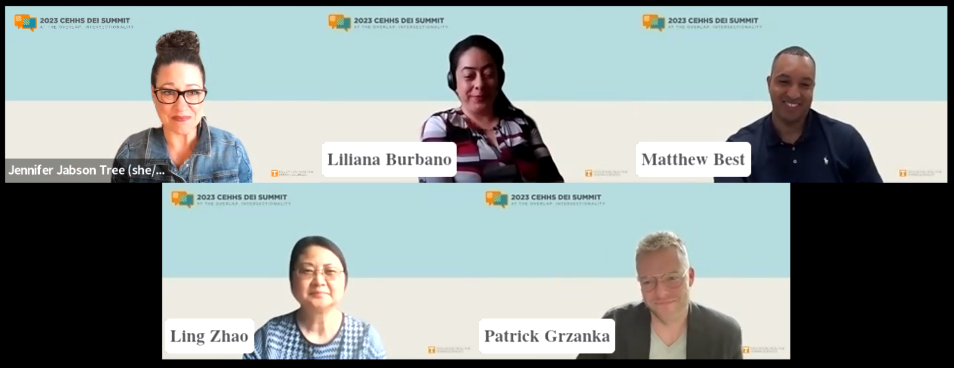 Screenshot of a Zoom meeting of DEI Summit Roundtable participants. There are three women, who are caucasian, Asian, and Latina. There are two men, one caucasian and one black.