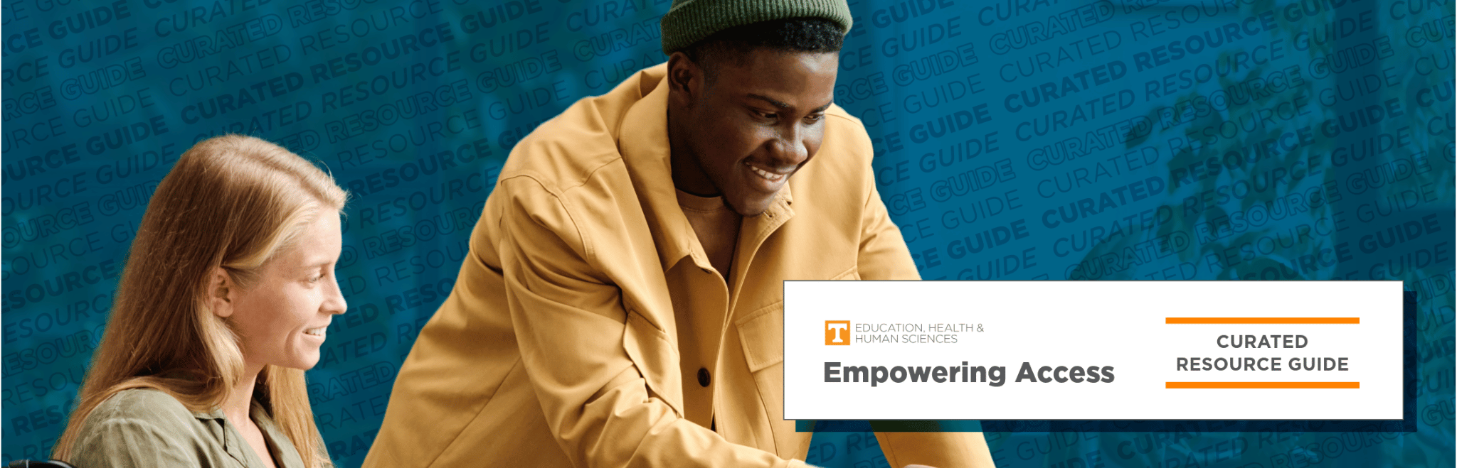 Empowering Access
Curated Resource Guide
A young Black man points at a computer screen, smiling. Next to him, a White woman in a wheelchair takes notes on a notepad.
